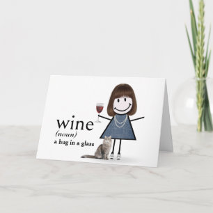 Verjaardag Stick Figure Meisje Met Wijn En Kat Kaart