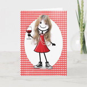 Verjaardag Stick Figure Meisje met Wijn Glas Kaart
