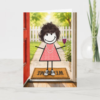 Verjaardag Stick Figure Meisje Met Wijn Glas Kaart