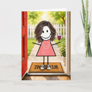 Verjaardag Stick Figure Meisje Met Wijn Glas Kaart