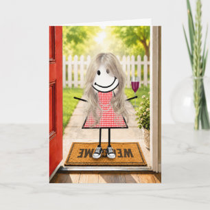 Verjaardag Stick Figure Meisje Met Wijn Glas Kaart