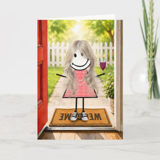 Verjaardag Stick Figure Meisje Met Wijn Glas Kaart