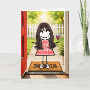 Verjaardag Stick Figure Meisje Met Wijn Glas Kaart