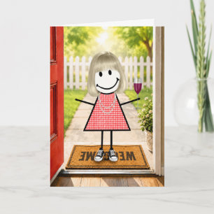 Verjaardag Stick Figure Meisje Met Wijn Glas Kaart
