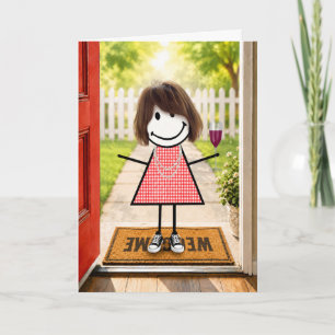 Verjaardag Stick Figure Meisje Met Wijn Glas Kaart