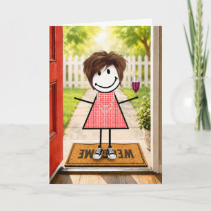 Verjaardag Stick Figure Meisje Met Wijn Glas Kaart