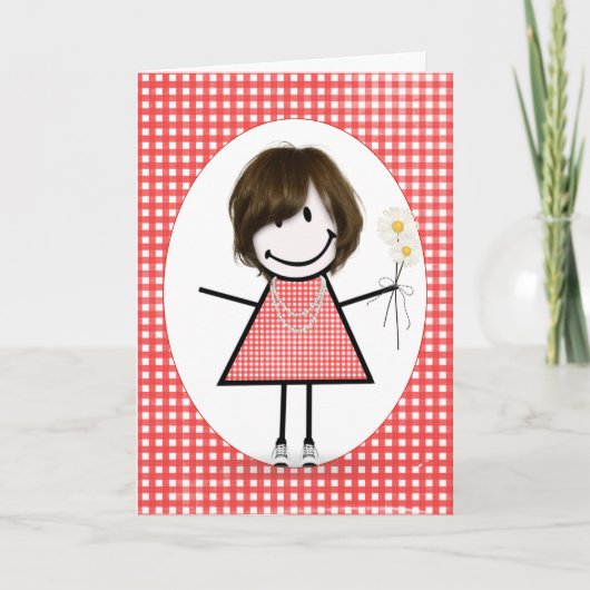 Verjaardag Stick Figure Meisje Op Gingham Kaart (Voorkant)