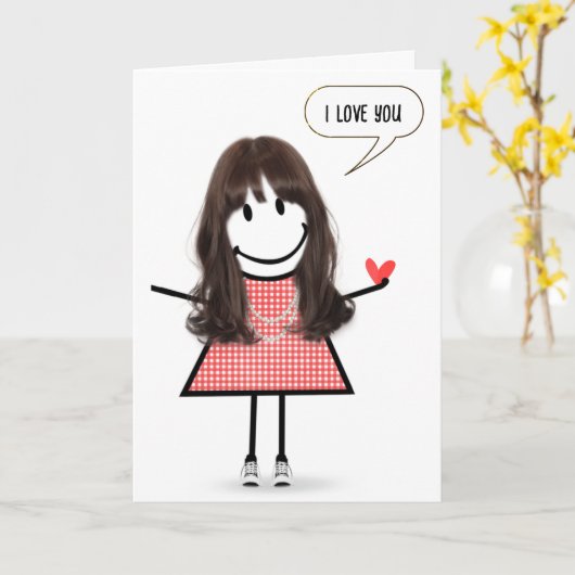 Verjaardag Stick Figuur Meisje met Speech Bubble Kaart (Gele Bloem)