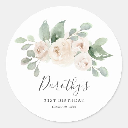 Verjaardag Sticker Custom 21st White Rose Floral (Voorkant)
