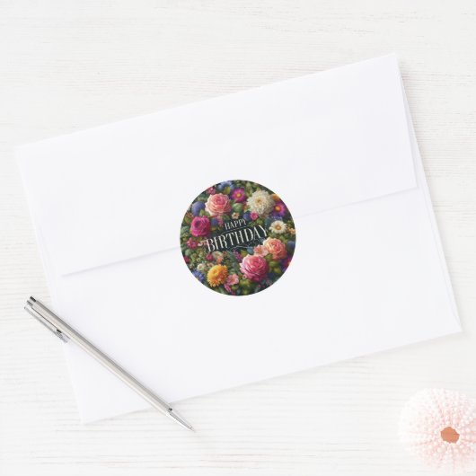 Verjaardag Sticker : Levendig bloementhema (Envelop)