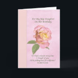 Verjaardag, stiefdochter, Vrede Roos Kaart<br><div class="desc">Deze verjaardagsgroet voor een stiefdochter is een zacht en dromerig bloemontwerp. Een roze en geel Peace Roos wordt getoond op een achtergrond van gedempt roze. Een brede verticale rand in een roze gele tint bevindt zich aan de linkerkant van het afbeelding. Een oud Zweeds spreekwoord staat onder het roos. De...</div>