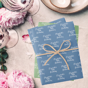 Verjaardag stoffig blauwe salie groene witte naam inpakpapier vel