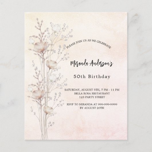 Verjaardag stoffige crème wilde bloemen budget uit (Voorkant)