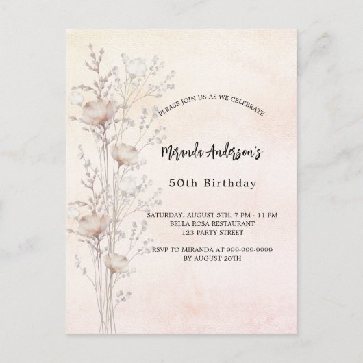 Verjaardag stoffige crème wilde bloemen roze uitnodiging briefkaart (Voorkant)