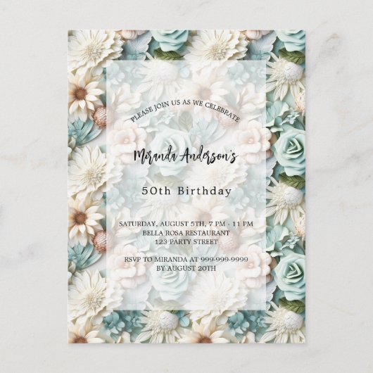 Verjaardag stoffige groene witte bloemen uitnodiging briefkaart (Voorkant)