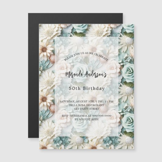 Verjaardag stoffige groene witte bloemenluxe magnetische uitnodiging (Voorkant / Achterkant)