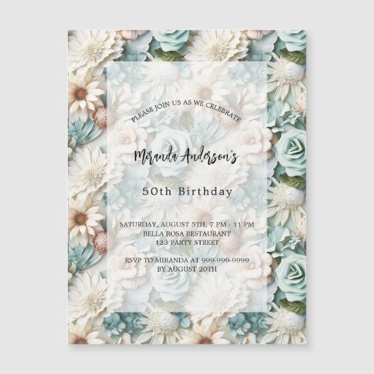 Verjaardag stoffige groene witte bloemenluxe magnetische uitnodiging (Voorkant)