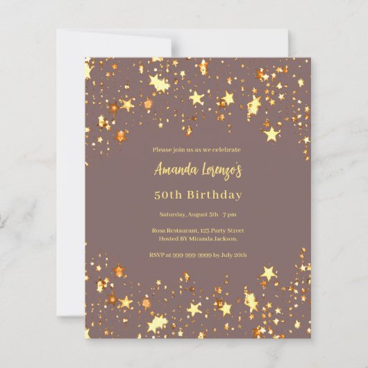 Verjaardag stoffige mauve gouden sterren uitnodigi (Voorkant)