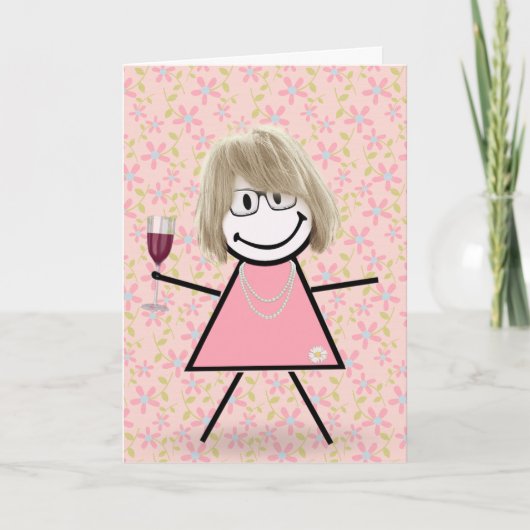 Verjaardag Stokfiguur Meisje Met Rode Wijn Kaart (Voorkant)