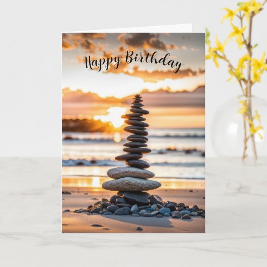 Verjaardag Strand Cairn Kaart (Gele Bloem)