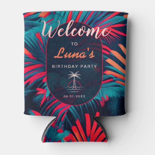 Verjaardag Strand feest Palmboom bladeren zonsonde Blikjeskoeler (Voorkant)
