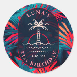 Verjaardag Strand feest Palmboom bladeren zonsonde Ronde Sticker