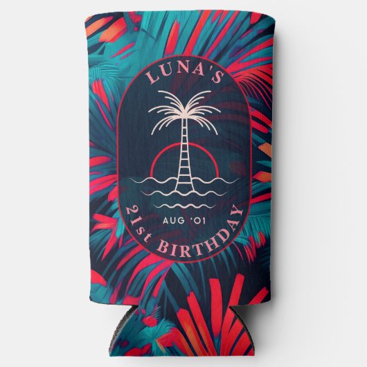 Verjaardag Strand feest Palmboom bladeren zonsonde Seltzer Blikjeskoeler (Voorkant)