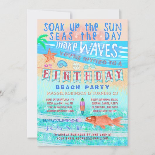 Verjaardag strand of zwembad Party Zomer Vis Surve Kaart (Voorkant)