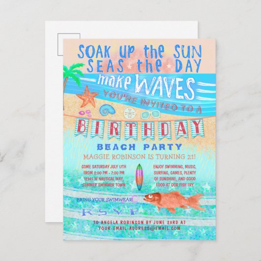 Verjaardag strand of zwembad Party Zomer Vis Surve Uitnodiging Briefkaart (Voorkant / Achterkant)