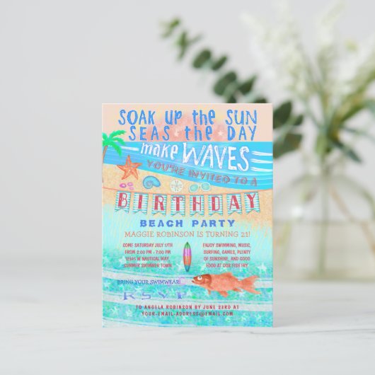 Verjaardag strand of zwembad Party Zomer Vis Surve Uitnodiging Briefkaart (Staand voorkant)