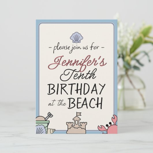 Verjaardag Strand Party Kind Leuke Sandcastle Krab Kaart (Staand voorkant)