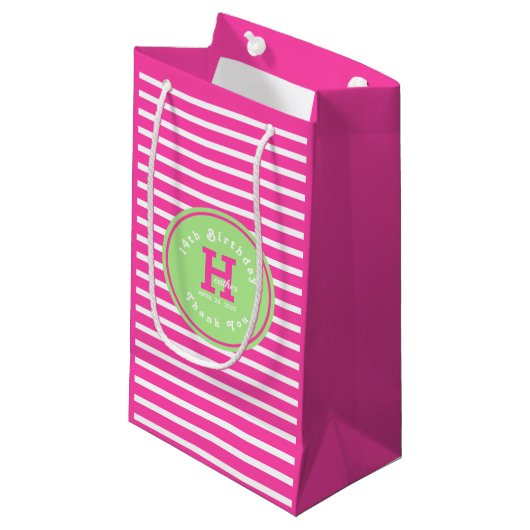 Verjaardag Strepen Roze⎮Wit Groen Kleine Gift Bag Klein Cadeauzakje (Voorkant Gekanteld)