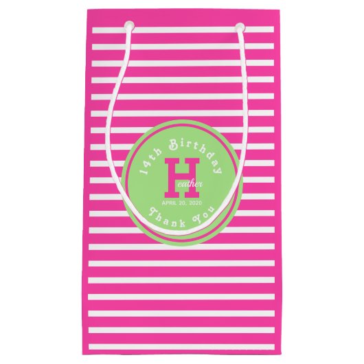 Verjaardag Strepen Roze⎮Wit Groen Kleine Gift Bag Klein Cadeauzakje (Voorkant)