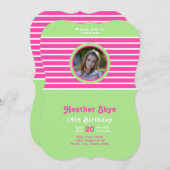 Verjaardag Strepen Roze⎮Wit Groen Uitnodiging (Voorkant / Achterkant)
