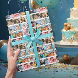 Verjaardag Stripe Fotocollage Cadeaupapier