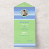 Verjaardag Stripes Blauw⎮Wit Groen All In One Uitnodiging (Binnen)