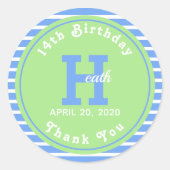 Verjaardag Stripes Blauw⎮Wit Groen Ronde Sticker (Voorkant)