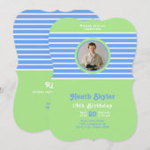 Verjaardag Stripes Blauw⎮Wit Groen Uitnodiging (Voorkant / Achterkant)