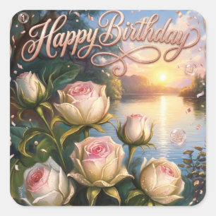 Verjaardag Sunset Lake met Rozen Vierkante Sticker
