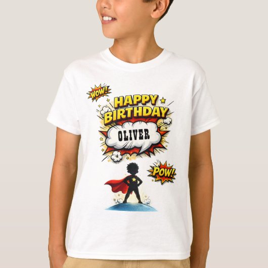Verjaardag Superheld Jongen Comic Stijl T-shirt (Voorkant)