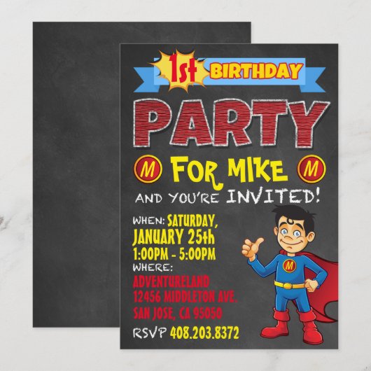 Verjaardag Superheld Uitnodigingen. Kind verjaarda Kaart (Voorkant / Achterkant)