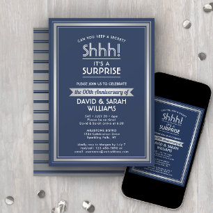 Verjaardag Surprise Party Navy Blauwe Witte Zilver Kaart
