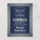 Verjaardag Surprise Party Navy Blue Save the Date Aankondigingskaart (Voorkant)