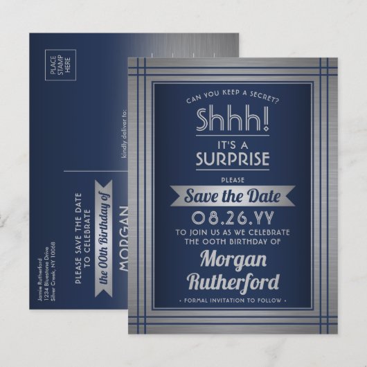 Verjaardag Surprise Party Navy Blue Save the Date Aankondigingskaart (Voorkant / Achterkant)