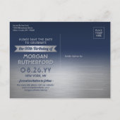 Verjaardag Surprise Party Navy Blue Save the Date Aankondigingskaart (Achterkant)