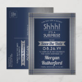 Verjaardag Surprise Party Navy Blue Save the Date Aankondigingskaart (Voorkant / Achterkant)