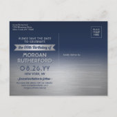 Verjaardag Surprise Party Navy Blue Save the Date Aankondigingskaart (Achterkant)