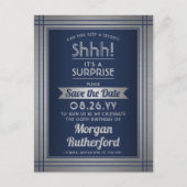 Verjaardag Surprise Party Navy Blue Save the Date Aankondigingskaart (Voorkant)
