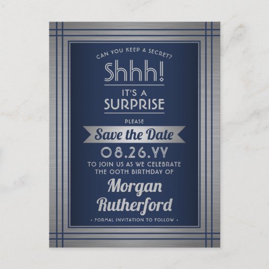 Verjaardag Surprise Party Navy Blue Save the Date Aankondigingskaart (Voorkant)