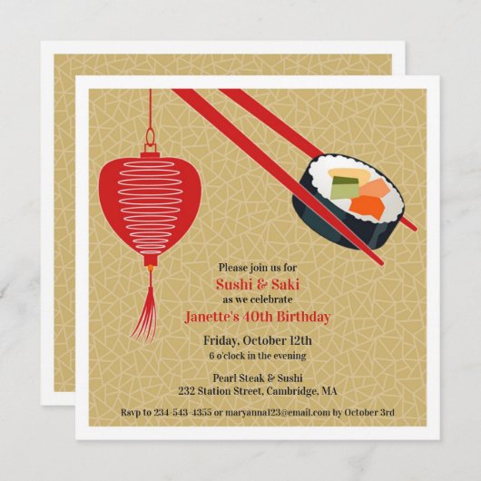 Verjaardag Sushi Party Flat Uitnodiging (Voorkant / Achterkant)
